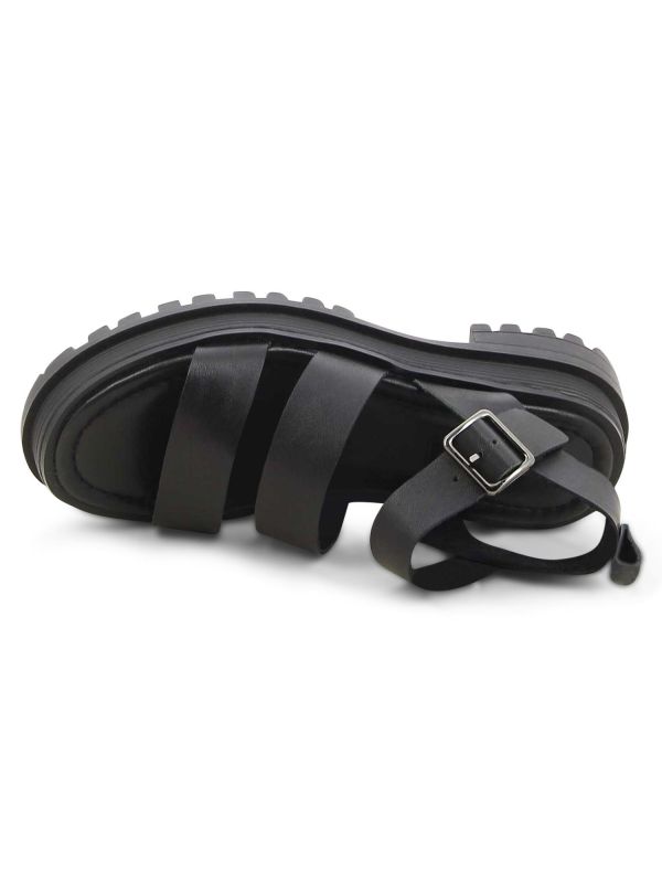 סנדלי נשים שטוחים עם שלוש רצועות וסוליית טרקטור